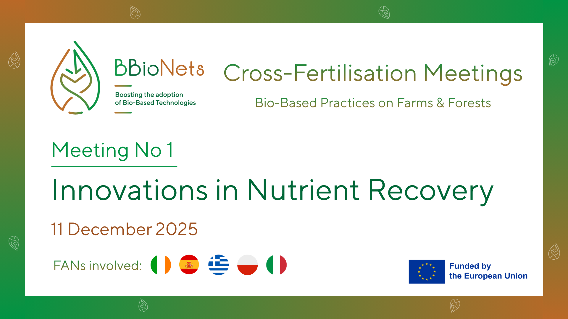 BBioNets Cross-Fertilisation Meetings: image for the first meeting on Innovations in Nutrient Recovery